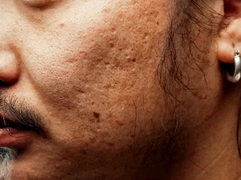 Wang en kaak met een onregelmatige huidstructuur door littekens