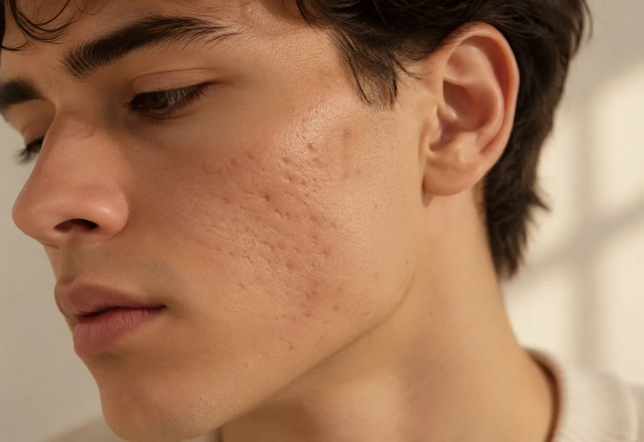 Wang en slaap van een jongeman met kleine littekens en vlekjes na acne