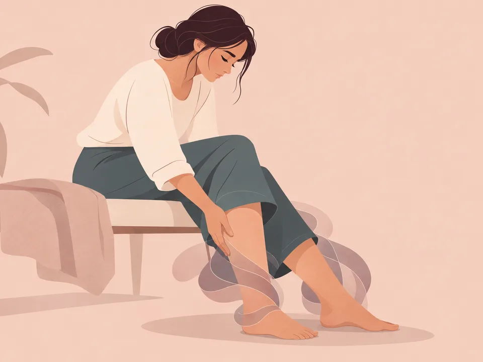 Illustratie: vrouw zit voorovergebogen en houdt haar zware onderbeen vast