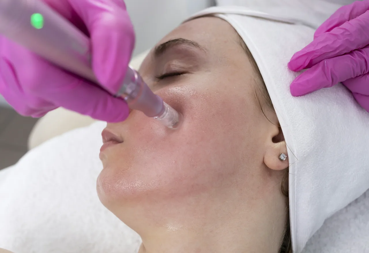 Microneedling wordt met een pen op de wang uitgevoerd