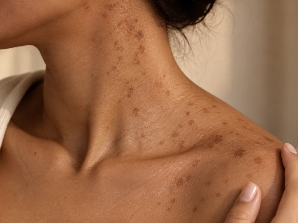 Hals en schouder met verspreide bruine vlekjes